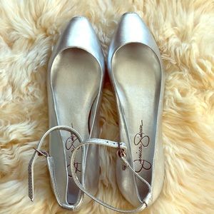 Brand New Silver Jessica Simpson Ankle Wrap Flats
